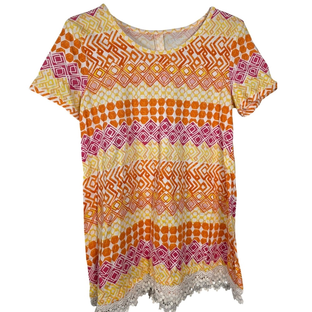 Kim Rogers Womens Small Short‎ Sleeve Geometric Print Cotton Top Lace Hem Orange